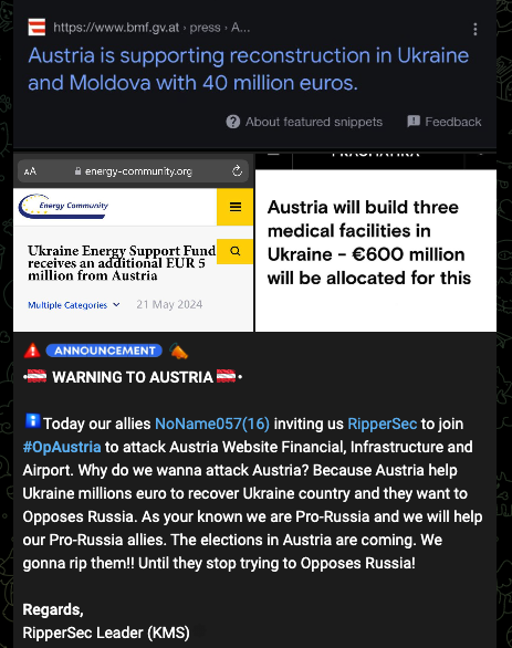 Pro-Russia group “RipperSec” targetting Austria because the country “opposes Russia”