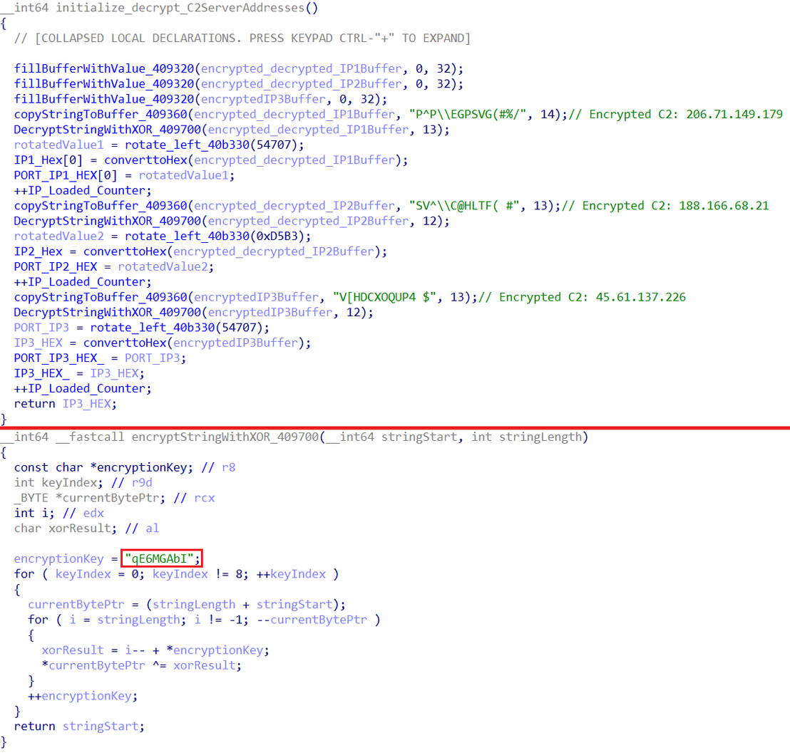 Figure 13. Decrypting C&C IP addresses with hardcoded XOR Key