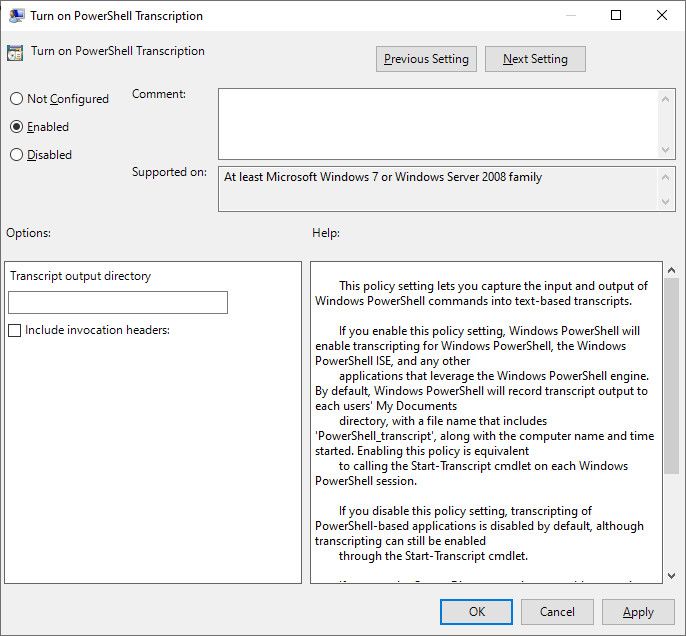 Enabling PowerShell transcription