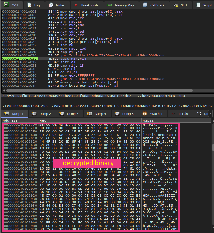 Figure 8. Decrypted PE binary in the memory of loader 
