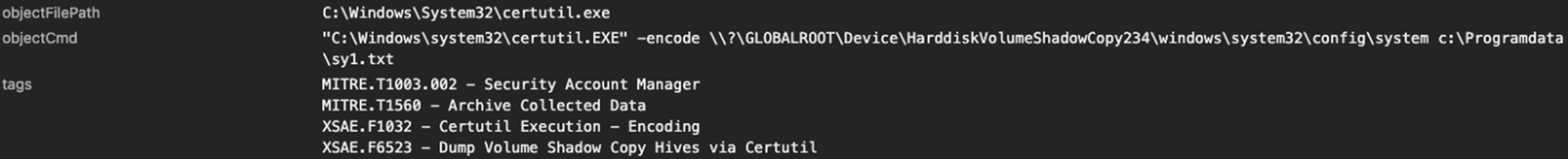 Trend Micro Vision One logs the extraction of the SYSTEM hive from a Volume Shadow Copy via certutil.exe