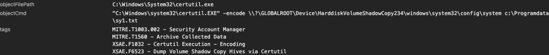 Trend Micro Vision One logs the extraction of the SYSTEM hive from a Volume Shadow Copy via certutil.exe