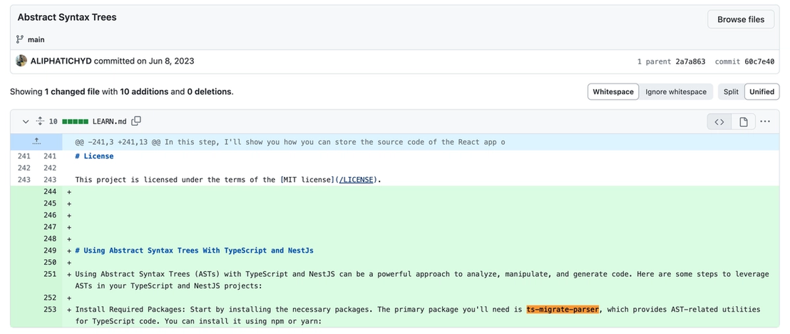 Figure 7. Commit from June 8, 2023, with mentions of `ts-migrate-parser`