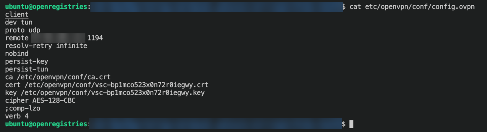 Figure 6. OpenVPN configuration file with certificate and key