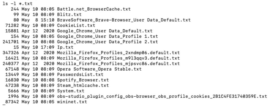 A screenshot of the list of information found within a single log