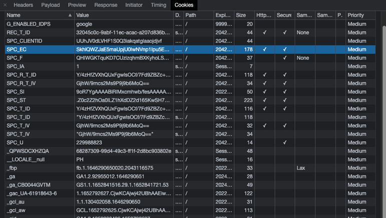 The list shows cookies with expiration dates set beyond the OWASP-recommended duration, thus making the cookie information available for malicious actors to replay a transaction.
