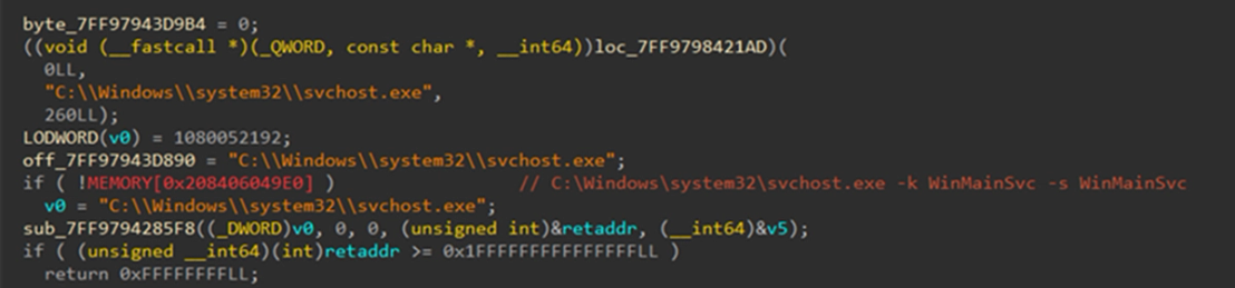 Figure 4. As part of its evasion technique and prevent sandbox execution, it checks whether the command line contains “C:\Windows\system32\svchost.exe”, ensuring that it is only being run by svchost.exe or as a service 