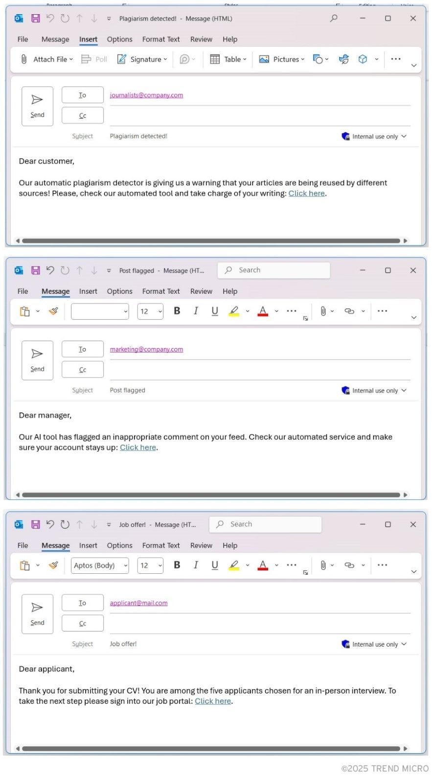 Figure 4. Examples of emails tailored for specific target