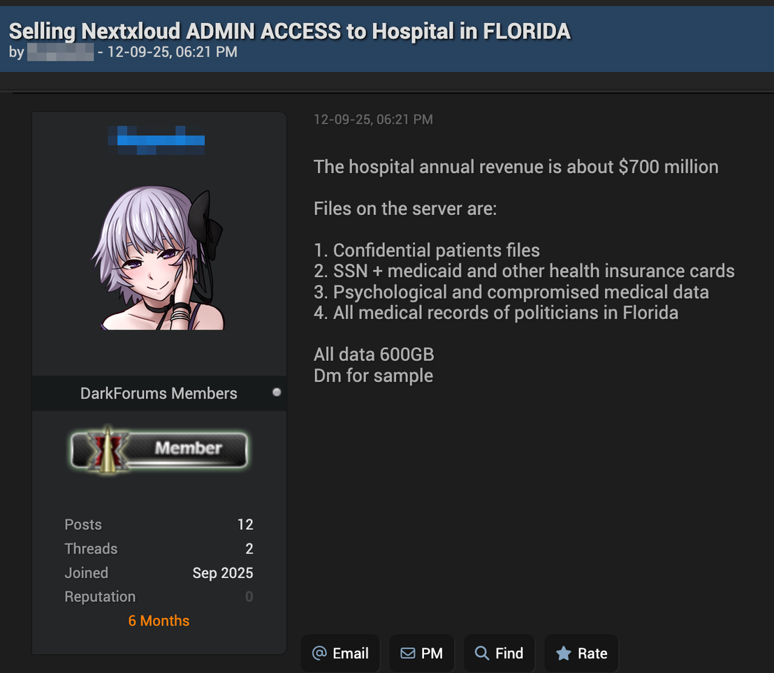 Figure 19. A forum listing offering admin access to a U.S. hospital database containing 600GB of data 