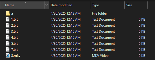 The same directory after "wipemode" has been applied. The files remain listed, but their sizes are now 0 KB, indicating that their contents have been completely erased.