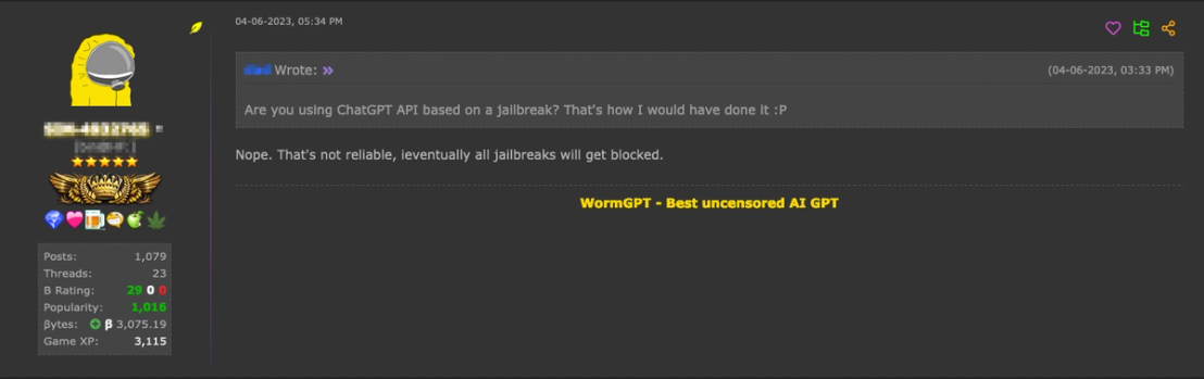 Figures 9 and 10. WormGPT author explaining on HackForums that the chatbot doesn’t rely on ChatGPT jailbreak prompts and uses a new API 