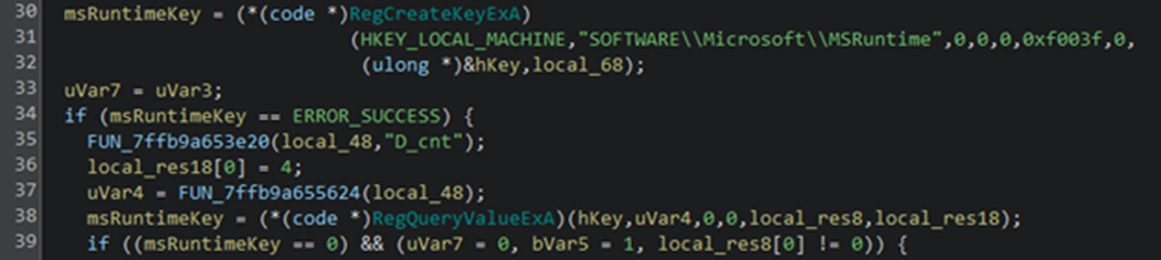 Figure 16. Creation of the HKLM\SOFTWARE\Microsoft\MSRuntime registry key to store directories which is used to temporarily store discovered directories.