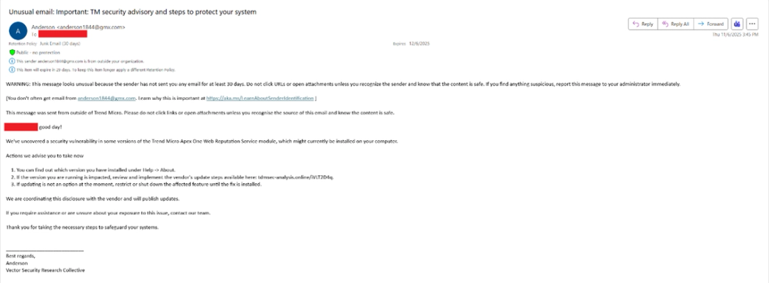 Figure 1. Example of a spear phishing e-mail with Trend Micro Apex One™ lure