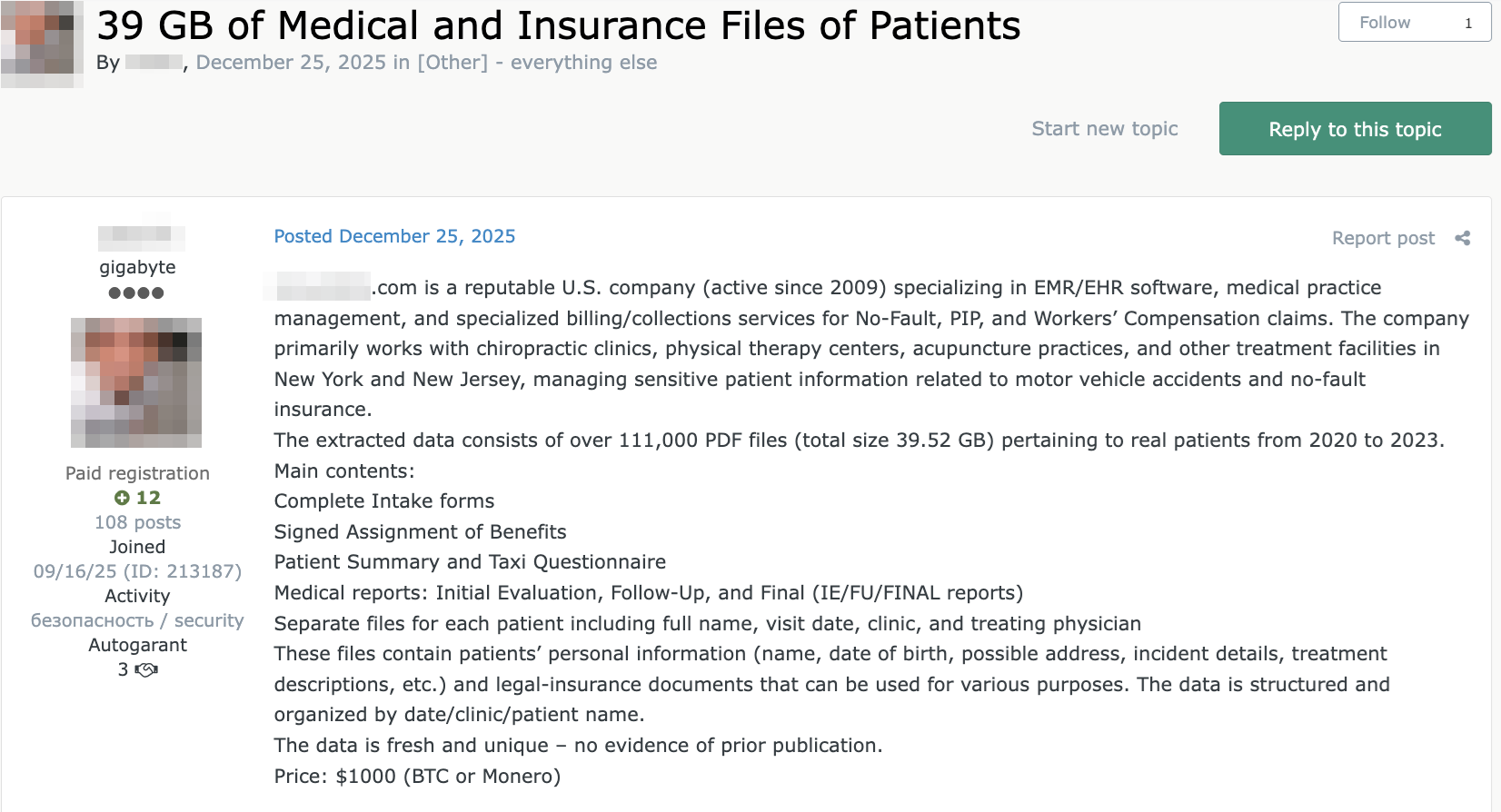 Figure 12. A forum listing offering a medical insurance company database for US$1,000 ​​​​‌﻿‍﻿​‍​‍‌‍﻿﻿‌﻿​‍‌‍‍‌‌‍‌﻿‌‍‍‌‌‍﻿‍​‍​‍​﻿‍‍​‍​‍‌﻿​﻿‌‍​‌‌‍﻿‍‌‍‍‌‌﻿‌​‌﻿‍‌​‍﻿‍‌‍‍‌‌‍﻿﻿​‍​‍​‍﻿​​‍​‍‌‍‍​‌﻿​‍‌‍‌‌‌‍‌‍​‍​‍​﻿‍‍​‍​‍‌‍‍​‌﻿‌​‌﻿‌​‌﻿​​​﻿‍‍​‍﻿﻿​‍﻿﻿‌‍﻿​‌‍﻿﻿‌‍​﻿‌‍​‌‌‍﻿​‌‍‍​‌‍﻿﻿‌﻿​﻿‌﻿‌​​﻿‍‍​﻿​﻿​﻿​﻿​﻿​﻿​﻿‌​​‍﻿﻿‌‍‍‌‌‍﻿‍‌﻿‌​‌‍‌‌‌‍﻿‍‌﻿‌​​‍﻿﻿‌‍‌‌‌‍‌​‌‍‍‌‌﻿‌​​‍﻿﻿‌‍﻿‌‌‍﻿﻿‌‍‌​‌‍‌‌​﻿﻿‌‌﻿​​‌﻿​‍‌‍‌‌‌﻿​﻿‌‍‌‌‌‍﻿‍‌﻿‌​‌‍​‌‌﻿‌​‌‍‍‌‌‍﻿﻿‌‍﻿‍​﻿‍﻿‌‍‍‌‌‍‌​​﻿﻿‌‌‍‌​​﻿​﻿‌‍​‍‌‍​‍​﻿‌﻿​﻿‌‌‌‍‌‍​﻿‌‌​‍﻿‌​﻿‍‌‌‍‌​‌‍​﻿​﻿‍‌​‍﻿‌​﻿‌​​﻿​‌‌‍‌‍‌‍​‍​‍﻿‌​﻿‍‌​﻿‌﻿​﻿‌​​﻿​​​‍﻿‌​﻿‍​‌‍​‌​﻿‌﻿​﻿​​​﻿​﻿‌‍​﻿​﻿​‍​﻿‍‌‌‍‌​‌‍‌​‌‍‌​‌‍​﻿​﻿‍﻿‌﻿‌​‌﻿‍‌‌﻿​​‌‍‌‌​﻿﻿‌‌﻿​​‌‍﻿﻿‌﻿​﻿‌﻿‌​​﻿‍﻿‌﻿​​‌‍​‌‌﻿‌​‌‍‍​​﻿﻿‌‌‍​‍‌‍﻿﻿‌‍‌​‌﻿‍‌​‍‌‌​﻿‌‌‌​​‍‌‌﻿﻿‌‍‍﻿‌‍‌‌‌﻿‍‌​‍‌‌​﻿​﻿‌​‌​​‍‌‌​﻿​﻿‌​‌​​‍‌‌​﻿​‍​﻿​‍​﻿​﻿​﻿​﻿‌‍‌‍​﻿​﻿​﻿​‌​﻿‌‍​﻿‍‌‌‍​﻿​﻿​‌​﻿‍​​﻿‍‌​﻿‍‌​﻿‌﻿​﻿‍‌​﻿‌‌​﻿‌﻿​﻿‌‍‌‍‌‌​﻿​‌​﻿‌‌​﻿‌‍‌‍​‌​﻿‌﻿​﻿‌﻿‌‍‌​​﻿​‌‌‍‌‍‌‍​﻿​﻿​‍‌‍‌‌‌‍‌‌‌‍​﻿​‍‌‌​﻿​‍​﻿​‍​‍‌‌​﻿‌‌‌​‌​​‍﻿‍‌﻿‌‍‌‍​‌‌‍﻿​‌﻿‌‌‌‍‌‌​‍‌‌​﻿‌‌‌​​‍‌‌﻿﻿‌‍‍﻿‌‍‌‌‌﻿‍‌​‍‌‌​﻿​﻿‌​‌​​‍‌‌​﻿​﻿‌​‌​​‍‌‌​﻿​‍​﻿​‍​﻿​‌​﻿‌‌​﻿‌﻿​﻿‌﻿​﻿​‍​﻿​‌​﻿‍‌​﻿​​​﻿‌​‌‍​‌‌‍‌‍‌‍​‌​‍‌‌​﻿​‍​﻿​‍​‍‌‌​﻿‌‌‌​‌​​‍﻿‍‌‍​﻿‌‍​‌‌﻿​​‌﻿‌​‌‍‍‌‌‍﻿﻿‌‍﻿‍​﻿﻿﻿‌‍​‍‌‍​‌‌﻿​﻿‌‍‌‌‌‌‌‌‌﻿​‍‌‍﻿​​﻿﻿‌‌‍‍​‌﻿‌​‌﻿‌​‌﻿​​​‍‌‌​﻿​﻿‌​​‌​‍‌‌​﻿​‍‌​‌‍​‍‌‌​﻿​‍‌​‌‍‌‍﻿​‌‍﻿﻿‌‍​﻿‌‍​‌‌‍﻿​‌‍‍​‌‍﻿﻿‌﻿​﻿‌﻿‌​​‍‌‌​﻿​﻿‌​​‌​﻿​﻿​﻿​﻿​﻿​﻿​﻿‌​​‍‌‍‌‍‍‌‌‍‌​​﻿﻿‌‌‍‌​​﻿​﻿‌‍​‍‌‍​‍​﻿‌﻿​﻿‌‌‌‍‌‍​﻿‌‌​‍﻿‌​﻿‍‌‌‍‌​‌‍​﻿​﻿‍‌​‍﻿‌​﻿‌​​﻿​‌‌‍‌‍‌‍​‍​‍﻿‌​﻿‍‌​﻿‌﻿​﻿‌​​﻿​​​‍﻿‌​﻿‍​‌‍​‌​﻿‌﻿​﻿​​​﻿​﻿‌‍​﻿​﻿​‍​﻿‍‌‌‍‌​‌‍‌​‌‍‌​‌‍​﻿​‍‌‍‌﻿‌​‌﻿‍‌‌﻿​​‌‍‌‌​﻿﻿‌‌﻿​​‌‍﻿﻿‌﻿​﻿‌﻿‌​​‍‌‍‌﻿​​‌‍​‌‌﻿‌​‌‍‍​​﻿﻿‌‌‍​‍‌‍﻿﻿‌‍‌​‌﻿‍‌​‍‌‌​﻿‌‌‌​​‍‌‌﻿﻿‌‍‍﻿‌‍‌‌‌﻿‍‌​‍‌‌​﻿​﻿‌​‌​​‍‌‌​﻿​﻿‌​‌​​‍‌‌​﻿​‍​﻿​‍​﻿​﻿​﻿​﻿‌‍‌‍​﻿​﻿​﻿​‌​﻿‌‍​﻿‍‌‌‍​﻿​﻿​‌​﻿‍​​﻿‍‌​﻿‍‌​﻿‌﻿​﻿‍‌​﻿‌‌​﻿‌﻿​﻿‌‍‌‍‌‌​﻿​‌​﻿‌‌​﻿‌‍‌‍​‌​﻿‌﻿​﻿‌﻿‌‍‌​​﻿​‌‌‍‌‍‌‍​﻿​﻿​‍‌‍‌‌‌‍‌‌‌‍​﻿​‍‌‌​﻿​‍​﻿​‍​‍‌‌​﻿‌‌‌​‌​​‍﻿‍‌﻿‌‍‌‍​‌‌‍﻿​‌﻿‌‌‌‍‌‌​‍‌‌​﻿‌‌‌​​‍‌‌﻿﻿‌‍‍﻿‌‍‌‌‌﻿‍‌​‍‌‌​﻿​﻿‌​‌​​‍‌‌​﻿​﻿‌​‌​​‍‌‌​﻿​‍​﻿​‍​﻿​‌​﻿‌‌​﻿‌﻿​﻿‌﻿​﻿​‍​﻿​‌​﻿‍‌​﻿​​​﻿‌​‌‍​‌‌‍‌‍‌‍​‌​‍‌‌​﻿​‍​﻿​‍​‍‌‌​﻿‌‌‌​‌​​‍﻿‍‌‍​﻿‌‍​‌‌﻿​​‌﻿‌​‌‍‍‌‌‍﻿﻿‌‍﻿‍​‍​‍‌﻿﻿‌