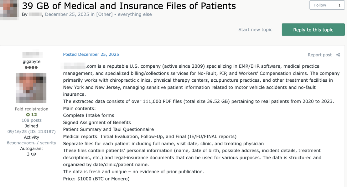 Figure 12. A forum listing offering a medical insurance company database for US$1,000 ​​​​‌﻿‍﻿​‍​‍‌‍﻿﻿‌﻿​‍‌‍‍‌‌‍‌﻿‌‍‍‌‌‍﻿‍​‍​‍​﻿‍‍​‍​‍‌﻿​﻿‌‍​‌‌‍﻿‍‌‍‍‌‌﻿‌​‌﻿‍‌​‍﻿‍‌‍‍‌‌‍﻿﻿​‍​‍​‍﻿​​‍​‍‌‍‍​‌﻿​‍‌‍‌‌‌‍‌‍​‍​‍​﻿‍‍​‍​‍‌‍‍​‌﻿‌​‌﻿‌​‌﻿​​​﻿‍‍​‍﻿﻿​‍﻿﻿‌‍﻿​‌‍﻿﻿‌‍​﻿‌‍​‌‌‍﻿​‌‍‍​‌‍﻿﻿‌﻿​﻿‌﻿‌​​﻿‍‍​﻿​﻿​﻿​﻿​﻿​﻿​﻿‌​​‍﻿﻿‌‍‍‌‌‍﻿‍‌﻿‌​‌‍‌‌‌‍﻿‍‌﻿‌​​‍﻿﻿‌‍‌‌‌‍‌​‌‍‍‌‌﻿‌​​‍﻿﻿‌‍﻿‌‌‍﻿﻿‌‍‌​‌‍‌‌​﻿﻿‌‌﻿​​‌﻿​‍‌‍‌‌‌﻿​﻿‌‍‌‌‌‍﻿‍‌﻿‌​‌‍​‌‌﻿‌​‌‍‍‌‌‍﻿﻿‌‍﻿‍​﻿‍﻿‌‍‍‌‌‍‌​​﻿﻿‌‌‍‌​​﻿​﻿‌‍​‍‌‍​‍​﻿‌﻿​﻿‌‌‌‍‌‍​﻿‌‌​‍﻿‌​﻿‍‌‌‍‌​‌‍​﻿​﻿‍‌​‍﻿‌​﻿‌​​﻿​‌‌‍‌‍‌‍​‍​‍﻿‌​﻿‍‌​﻿‌﻿​﻿‌​​﻿​​​‍﻿‌​﻿‍​‌‍​‌​﻿‌﻿​﻿​​​﻿​﻿‌‍​﻿​﻿​‍​﻿‍‌‌‍‌​‌‍‌​‌‍‌​‌‍​﻿​﻿‍﻿‌﻿‌​‌﻿‍‌‌﻿​​‌‍‌‌​﻿﻿‌‌﻿​​‌‍﻿﻿‌﻿​﻿‌﻿‌​​﻿‍﻿‌﻿​​‌‍​‌‌﻿‌​‌‍‍​​﻿﻿‌‌‍​‍‌‍﻿﻿‌‍‌​‌﻿‍‌​‍‌‌​﻿‌‌‌​​‍‌‌﻿﻿‌‍‍﻿‌‍‌‌‌﻿‍‌​‍‌‌​﻿​﻿‌​‌​​‍‌‌​﻿​﻿‌​‌​​‍‌‌​﻿​‍​﻿​‍​﻿​﻿​﻿​﻿‌‍‌‍​﻿​﻿​﻿​‌​﻿‌‍​﻿‍‌‌‍​﻿​﻿​‌​﻿‍​​﻿‍‌​﻿‍‌​﻿‌﻿​﻿‍‌​﻿‌‌​﻿‌﻿​﻿‌‍‌‍‌‌​﻿​‌​﻿‌‌​﻿‌‍‌‍​‌​﻿‌﻿​﻿‌﻿‌‍‌​​﻿​‌‌‍‌‍‌‍​﻿​﻿​‍‌‍‌‌‌‍‌‌‌‍​﻿​‍‌‌​﻿​‍​﻿​‍​‍‌‌​﻿‌‌‌​‌​​‍﻿‍‌﻿‌‍‌‍​‌‌‍﻿​‌﻿‌‌‌‍‌‌​‍‌‌​﻿‌‌‌​​‍‌‌﻿﻿‌‍‍﻿‌‍‌‌‌﻿‍‌​‍‌‌​﻿​﻿‌​‌​​‍‌‌​﻿​﻿‌​‌​​‍‌‌​﻿​‍​﻿​‍​﻿​‌​﻿‌‌​﻿‌﻿​﻿‌﻿​﻿​‍​﻿​‌​﻿‍‌​﻿​​​﻿‌​‌‍​‌‌‍‌‍‌‍​‌​‍‌‌​﻿​‍​﻿​‍​‍‌‌​﻿‌‌‌​‌​​‍﻿‍‌‍​﻿‌‍​‌‌﻿​​‌﻿‌​‌‍‍‌‌‍﻿﻿‌‍﻿‍​﻿﻿﻿‌‍​‍‌‍​‌‌﻿​﻿‌‍‌‌‌‌‌‌‌﻿​‍‌‍﻿​​﻿﻿‌‌‍‍​‌﻿‌​‌﻿‌​‌﻿​​​‍‌‌​﻿​﻿‌​​‌​‍‌‌​﻿​‍‌​‌‍​‍‌‌​﻿​‍‌​‌‍‌‍﻿​‌‍﻿﻿‌‍​﻿‌‍​‌‌‍﻿​‌‍‍​‌‍﻿﻿‌﻿​﻿‌﻿‌​​‍‌‌​﻿​﻿‌​​‌​﻿​﻿​﻿​﻿​﻿​﻿​﻿‌​​‍‌‍‌‍‍‌‌‍‌​​﻿﻿‌‌‍‌​​﻿​﻿‌‍​‍‌‍​‍​﻿‌﻿​﻿‌‌‌‍‌‍​﻿‌‌​‍﻿‌​﻿‍‌‌‍‌​‌‍​﻿​﻿‍‌​‍﻿‌​﻿‌​​﻿​‌‌‍‌‍‌‍​‍​‍﻿‌​﻿‍‌​﻿‌﻿​﻿‌​​﻿​​​‍﻿‌​﻿‍​‌‍​‌​﻿‌﻿​﻿​​​﻿​﻿‌‍​﻿​﻿​‍​﻿‍‌‌‍‌​‌‍‌​‌‍‌​‌‍​﻿​‍‌‍‌﻿‌​‌﻿‍‌‌﻿​​‌‍‌‌​﻿﻿‌‌﻿​​‌‍﻿﻿‌﻿​﻿‌﻿‌​​‍‌‍‌﻿​​‌‍​‌‌﻿‌​‌‍‍​​﻿﻿‌‌‍​‍‌‍﻿﻿‌‍‌​‌﻿‍‌​‍‌‌​﻿‌‌‌​​‍‌‌﻿﻿‌‍‍﻿‌‍‌‌‌﻿‍‌​‍‌‌​﻿​﻿‌​‌​​‍‌‌​﻿​﻿‌​‌​​‍‌‌​﻿​‍​﻿​‍​﻿​﻿​﻿​﻿‌‍‌‍​﻿​﻿​﻿​‌​﻿‌‍​﻿‍‌‌‍​﻿​﻿​‌​﻿‍​​﻿‍‌​﻿‍‌​﻿‌﻿​﻿‍‌​﻿‌‌​﻿‌﻿​﻿‌‍‌‍‌‌​﻿​‌​﻿‌‌​﻿‌‍‌‍​‌​﻿‌﻿​﻿‌﻿‌‍‌​​﻿​‌‌‍‌‍‌‍​﻿​﻿​‍‌‍‌‌‌‍‌‌‌‍​﻿​‍‌‌​﻿​‍​﻿​‍​‍‌‌​﻿‌‌‌​‌​​‍﻿‍‌﻿‌‍‌‍​‌‌‍﻿​‌﻿‌‌‌‍‌‌​‍‌‌​﻿‌‌‌​​‍‌‌﻿﻿‌‍‍﻿‌‍‌‌‌﻿‍‌​‍‌‌​﻿​﻿‌​‌​​‍‌‌​﻿​﻿‌​‌​​‍‌‌​﻿​‍​﻿​‍​﻿​‌​﻿‌‌​﻿‌﻿​﻿‌﻿​﻿​‍​﻿​‌​﻿‍‌​﻿​​​﻿‌​‌‍​‌‌‍‌‍‌‍​‌​‍‌‌​﻿​‍​﻿​‍​‍‌‌​﻿‌‌‌​‌​​‍﻿‍‌‍​﻿‌‍​‌‌﻿​​‌﻿‌​‌‍‍‌‌‍﻿﻿‌‍﻿‍​‍​‍‌﻿﻿‌