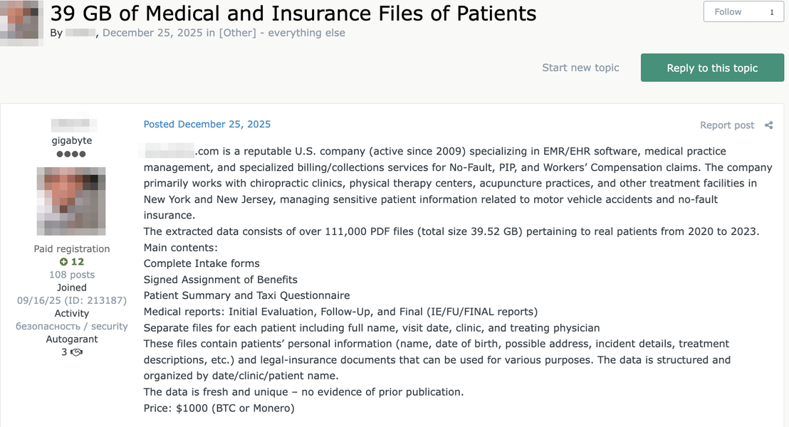 Figure 12. A forum listing offering a medical insurance company database for US$1,000 