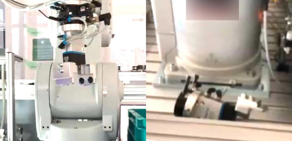 The impact of the vulnerability when the safety system is not correctly configured: the “hand” of a robot, aka the end effector, in place (left) and the end effector after it fell off (right)
