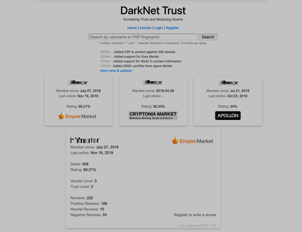 Figure 9. A DarkNet Trust search for the vendor “bitbuster”