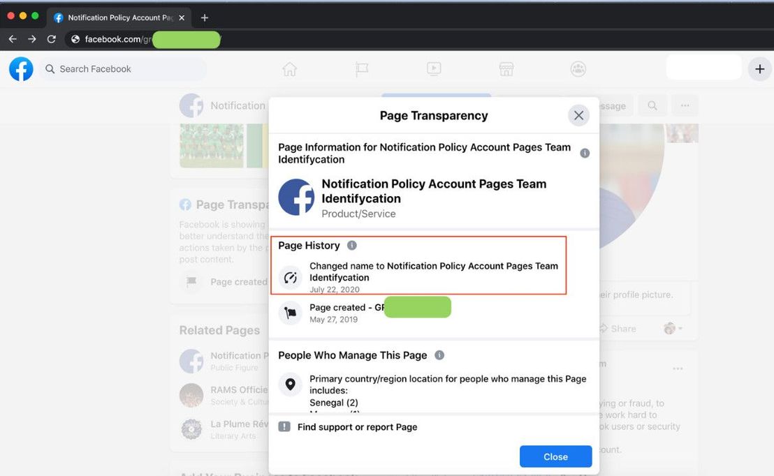 A sample page history via the Page Transparency feature