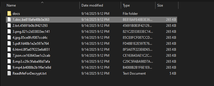 Figure 5. LockBit 5.0 encrypted files are appended with unique and seemingly randomly generated extensions with 16 characters which complicates the decryption process. 