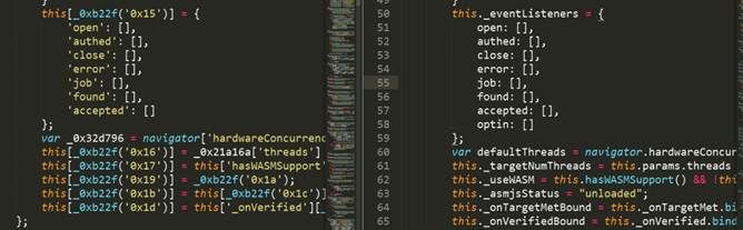 Figure 4. Comparing the modified web miner (left) and the original Coinhive web miner (right)