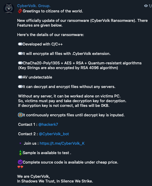 CyberVolk providing details of its ransomware program