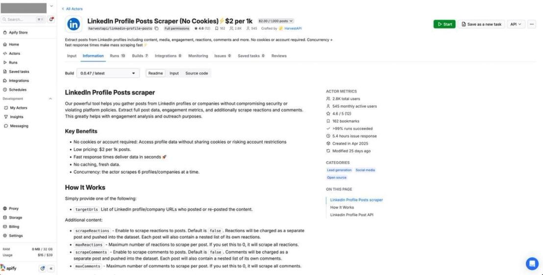The LinkedIn Profile Post Scraper actor gathers posts from LinkedIn profiles or companies. It allows us to specify the number of posts to scrape for each profile, which includes reposts and quote posts.