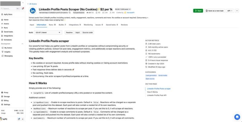 The LinkedIn Profile Post Scraper actor gathers posts from LinkedIn profiles or companies. It allows us to specify the number of posts to scrape for each profile, which includes reposts and quote posts.