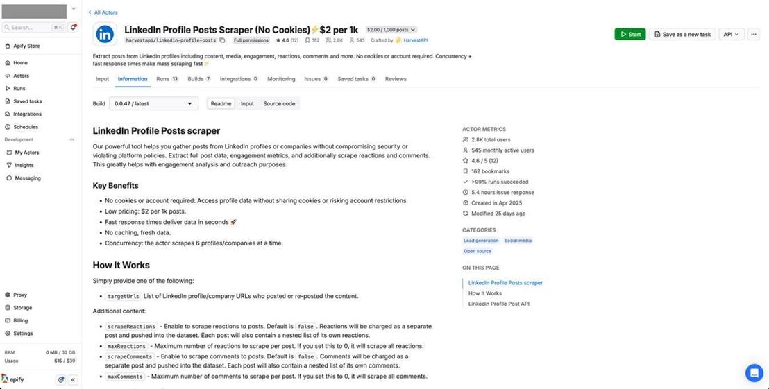 The LinkedIn Profile Post Scraper actor gathers posts from LinkedIn profiles or companies. It allows us to specify the number of posts to scrape for each profile, which includes reposts and quote posts.