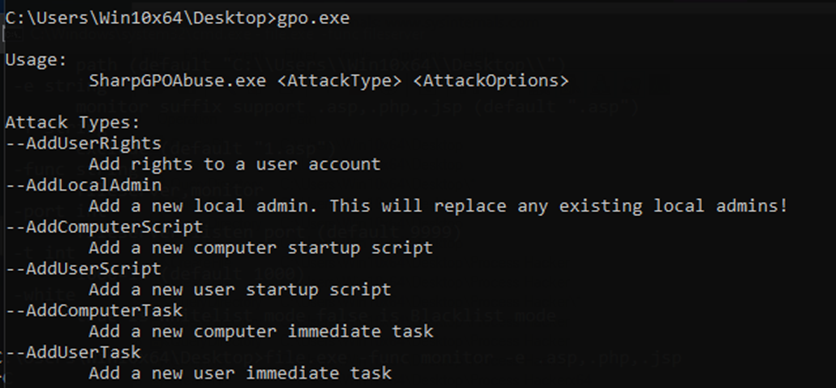 CLI of SharpGPOAbuse tool for exploiting user edit rights on Group Policy Objects (GPO)