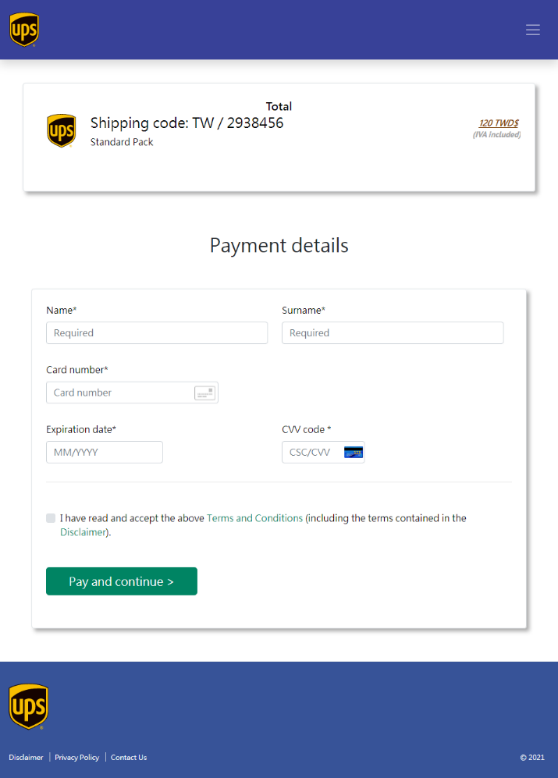 A fake UPS Taiwan parcel payment form