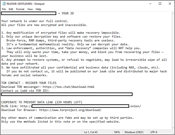 Figure 5. Ransom note dropped by The Gentlemen ransomware