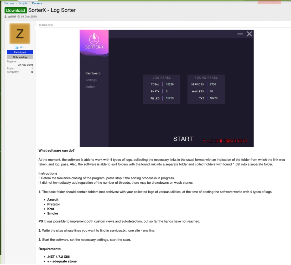 An underground forum member posts about SorterX, a tool that can be used for the faster processing of credential logs.