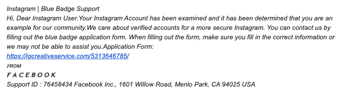 Figure 8. A message from the hackers supposedly offering a target account owner the chance to apply for a verified badge