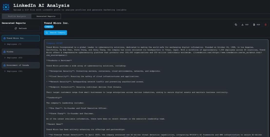 Once the tool processes all images and generates a report, we can access it under the Generated Reports tab. This lists all the companies that we profiled and their corresponding lists of employees.
