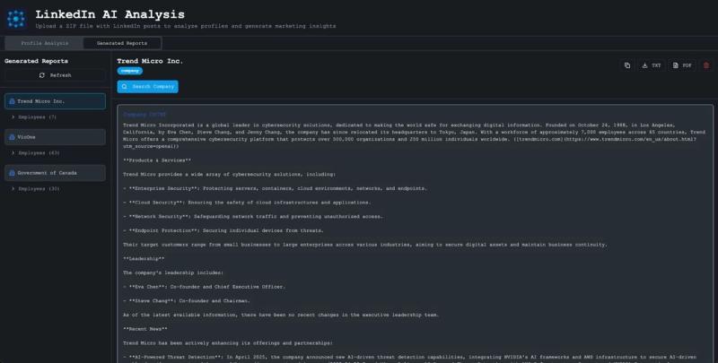 Once the tool processes all images and generates a report, we can access it under the Generated Reports tab. This lists all the companies that we profiled and their corresponding lists of employees.