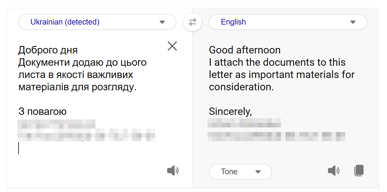 Figure 7.  Email translation from Ukrainian to English