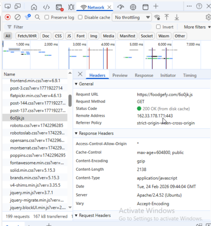 Figure 4. Screenshots of the compromised website (left) and snippets showing the injected malicious JS script (right), via hxxp[://]foodgefy[.]com/6o0jk[.]js