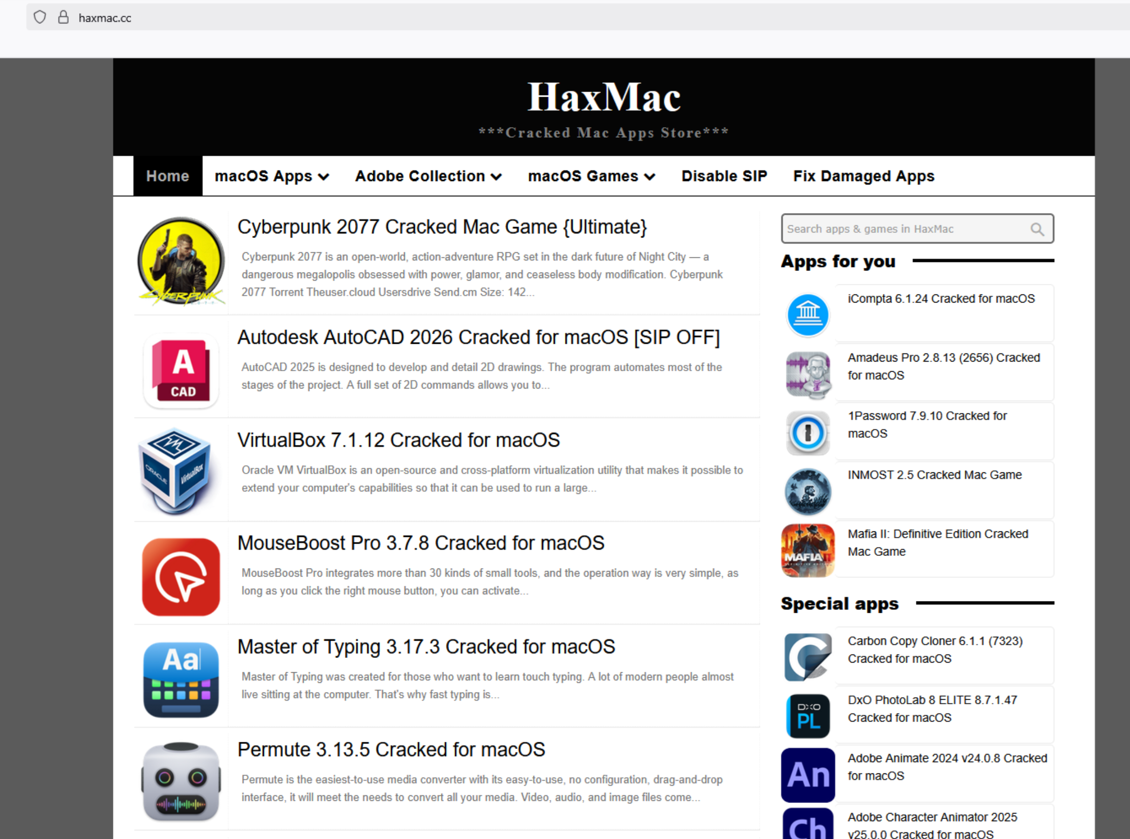 haxmac[.]cc also hosts other “cracked” software for macOS