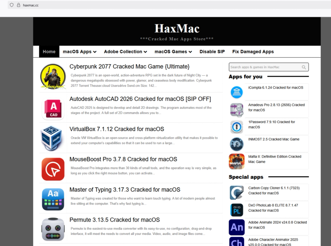 haxmac[.]cc also hosts other “cracked” software for macOS